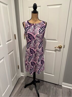 All For Color Pink & Navy Leaf-Print Sleeveless Shift Dress